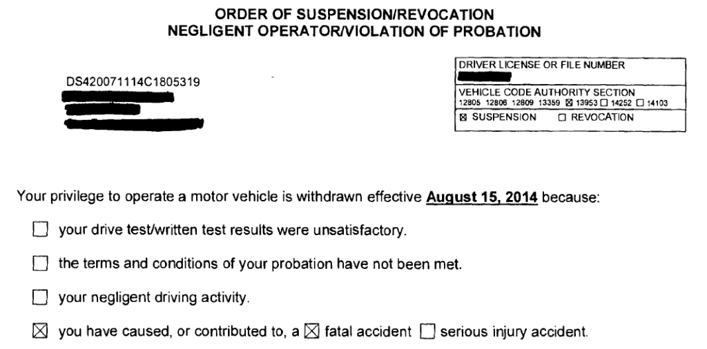 DMV Driver License after a Fatal Traffic Accident